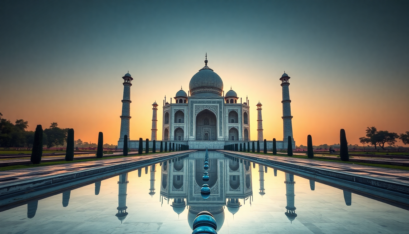 Luminous Taj Mahal Symmetry at Sunrise