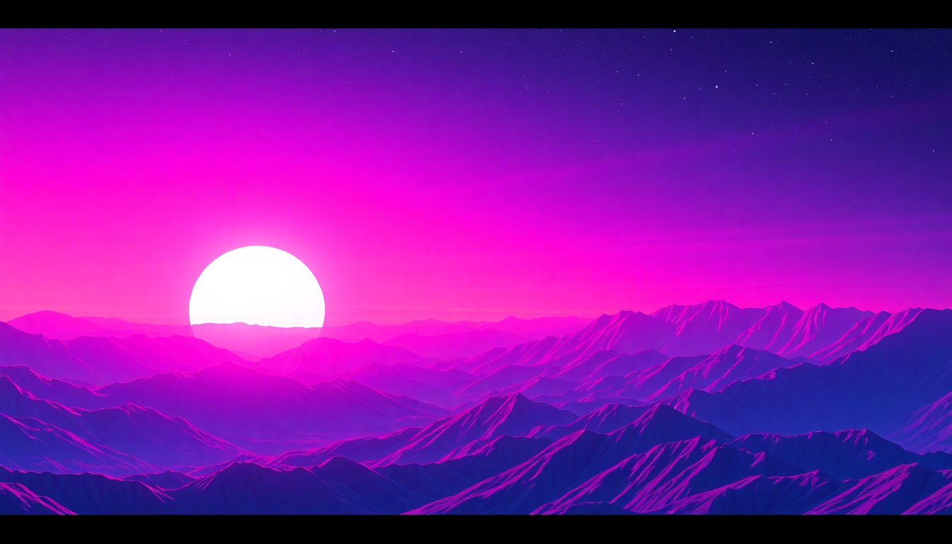Celestial Vaporwave Grid Mountains at Sunset