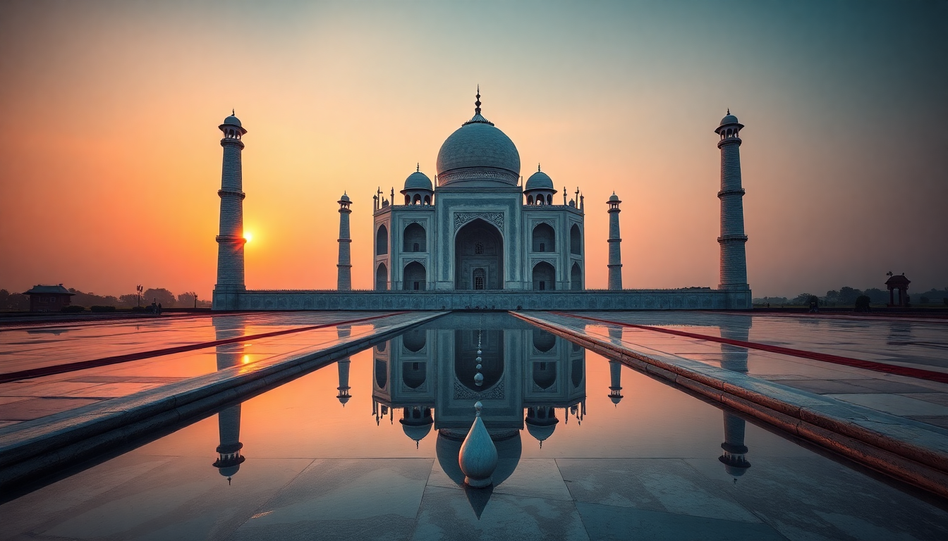 Shimmering Taj Mahal Symmetry at Sunrise