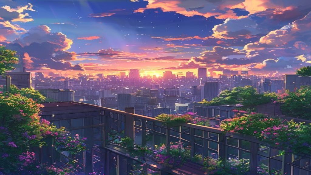 Pastel Rooftop Garden City at Sunset