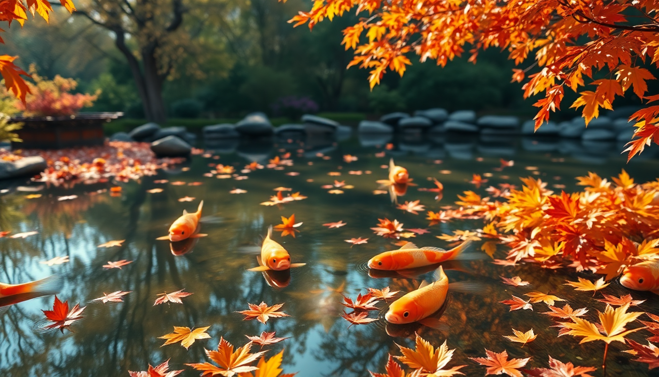 Serene Japanese Koi Pond in Autumn
