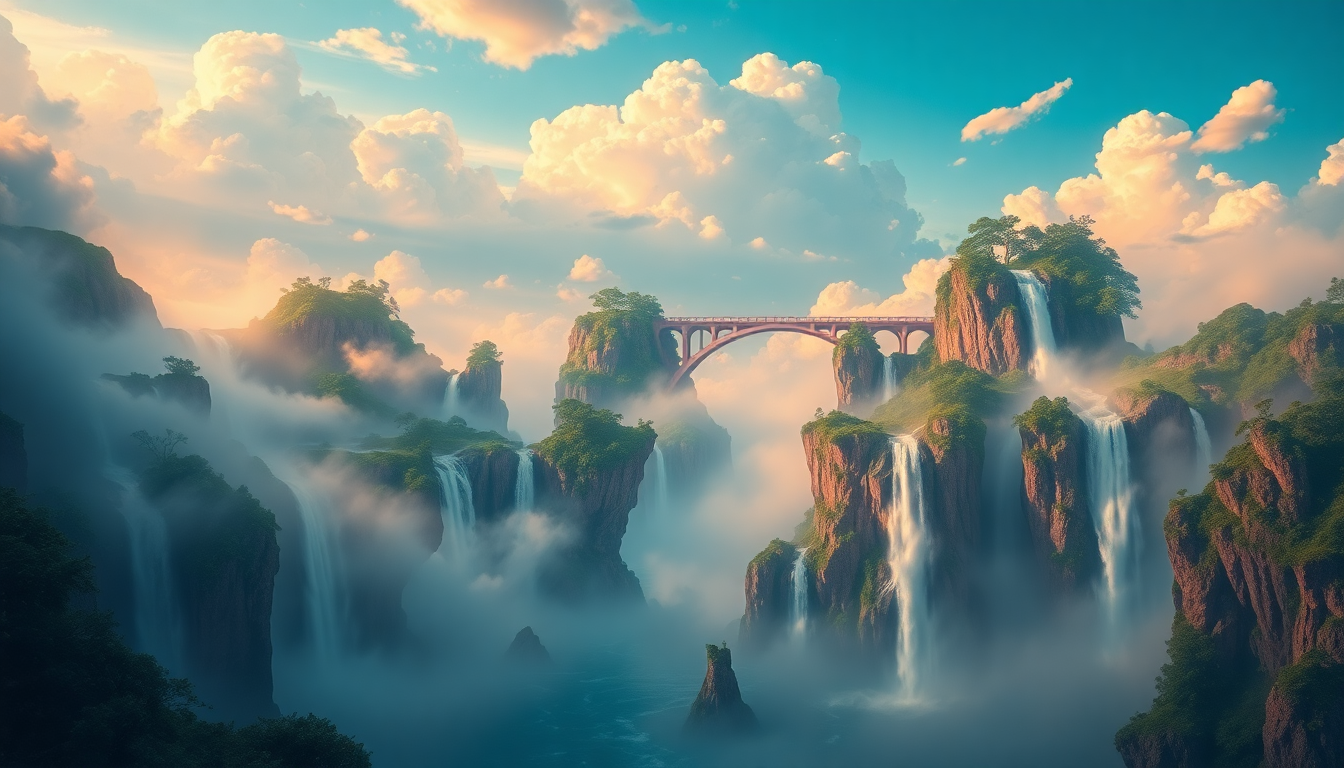 Mythical Floating Islands Waterfalls Magic