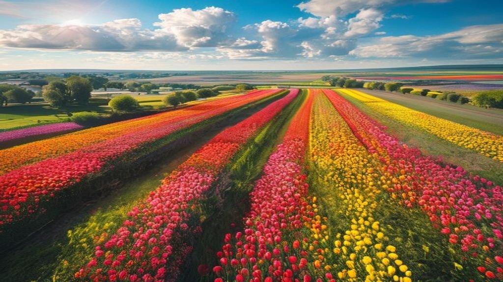 Vivid Tulip Fields Netherlands from Above