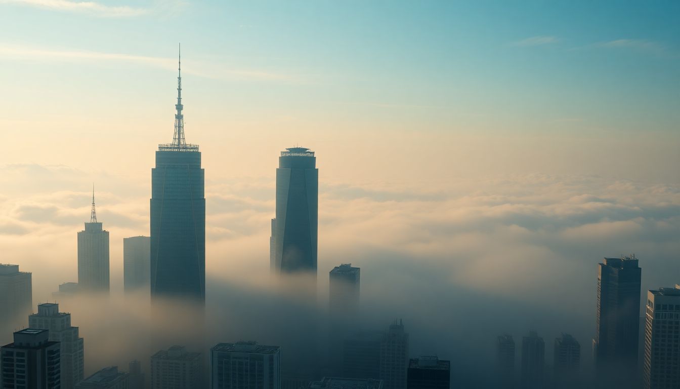 Mystical City Skyscrapers Emerging in the Mist