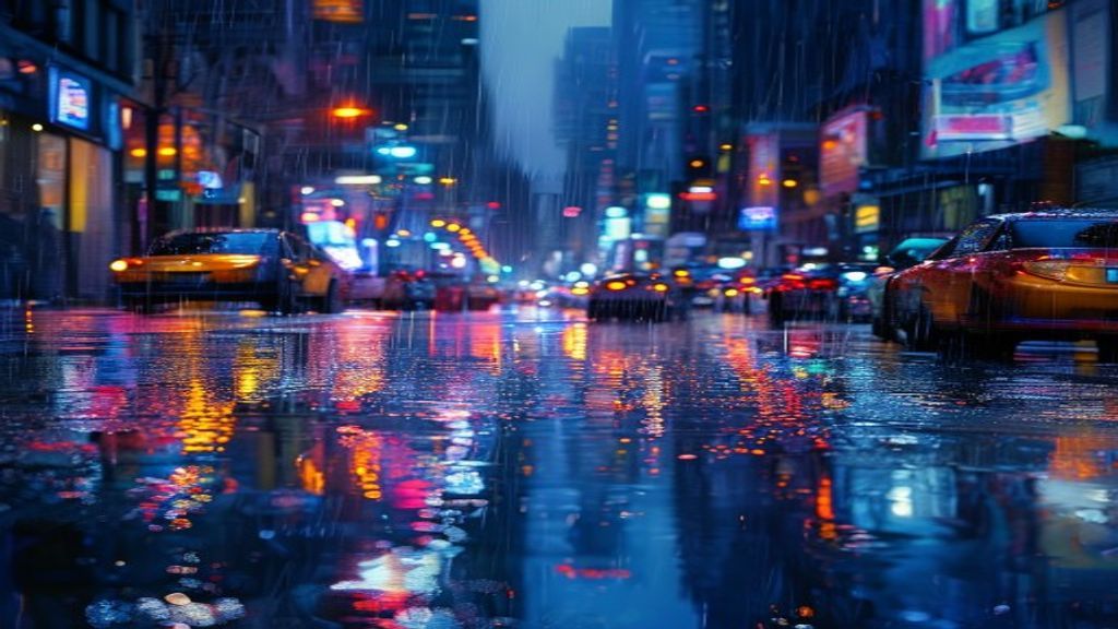 Serene Street Reflections Lights in the Rain