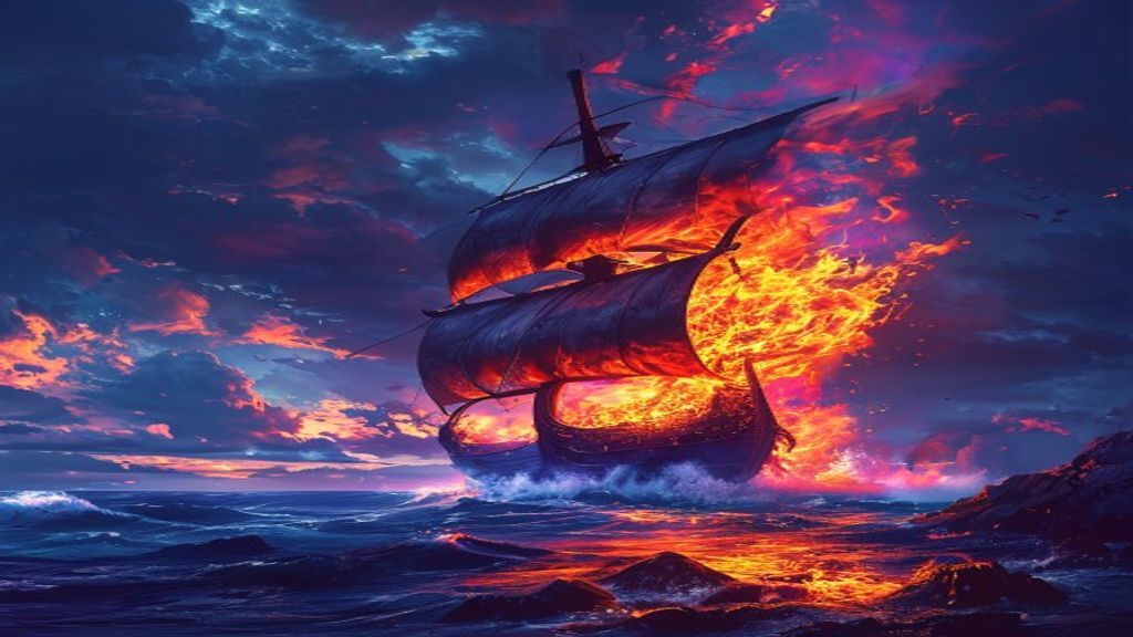 Towering Viking Funeral Burning by Night