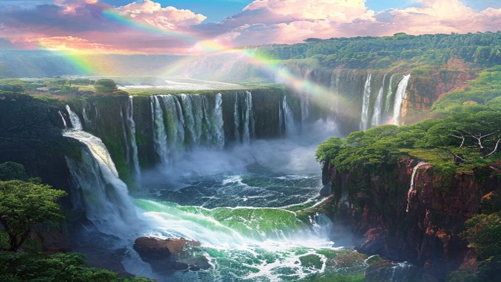 Golden Iguazu Falls Hundreds Panorama