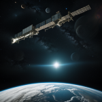 A mysterious abandoned space station orbiting a massive gas giant, showcasing the vastness of space and the remnants of human exploration.