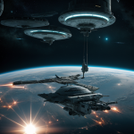 A vast, deserted starship city floating silently in outer space, showcasing remnants of advanced civilizations and futuristic structures.