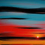 An abstract minimalist painting depicting a sunset through vibrant brush strokes, showcasing a harmonious blend of colors and forms.