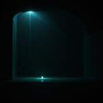 An AI core glowing with an ethereal light in a dark, mysterious chamber, symbolizing future technology and innovation.