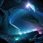 A stunning alien canyon landscape illuminated by vibrant, glowing crystals, creating an otherworldly and mesmerizing natural wonder.