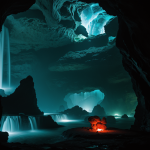 An enchanting alien cave with mesmerizing glowing waterfalls casting a surreal luminescent glow, creating an ethereal landscape of otherworldly beauty.