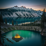 A stunning view of the Alien Crater Lake glowing green, surrounded by rugged terrain, capturing the beauty and mystery of this natural wonder.