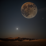 An alien desert storm swirls under the eerie glow of three moons, creating a mesmerizing and surreal landscape with vibrant colors and shadows.