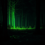 A breathtaking view of an alien forest with vibrant bioluminescent colors illuminating the landscape, creating a magical and surreal atmosphere.