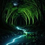 A mesmerizing view of an alien forest with glowing rivers meandering through lush vegetation, creating an ethereal and enchanting atmosphere.
