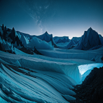 A stunning view of alien glacier cliffs glowing blue, illustrating the ethereal beauty of towering ice formations illuminated by a mysterious blue light.