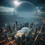 Captivating view of an alien megacity featuring transparent domes stretching across a futuristic landscape, blending advanced architecture with cosmic allure.