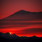 A breathtaking view of alien mountain ranges illuminated by the red glow of a distant sun, showcasing otherworldly landscapes and ethereal beauty.