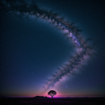 A mystical alien planet with a glowing purple sky, showcasing an otherworldly and enchanting celestial landscape.