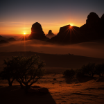 A stunning sunset on an alien planet with two suns dipping below the horizon, casting vibrant colors in the sky.