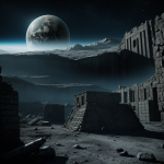 A depiction of alien ruins built on an asteroid, showcasing ancient structures believed to be remnants of an advanced extraterrestrial civilization.