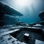 Alien ruins beneath a frozen sea with mysterious structures hinting at an ancient extraterrestrial civilization.