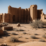 A breathtaking view of alien ruins on a deserted world, showcasing ancient structures against a vast desert backdrop under a starry sky.