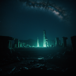 A mesmerizing view of alien ruins glowing under a starry night sky, capturing the essence of extraterrestrial beauty and mystery in a digital wallpaper.