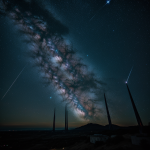 A mesmerizing view of alien spires glowing under a colorful nebula, showcasing the beauty and mystery of the cosmic night sky.