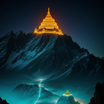 A stunning image of an alien temple glowing on a mountain, showcasing a mysterious and otherworldly setting with vivid lights and an ethereal atmosphere.