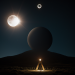 A mysterious alien temple under a rare triple eclipse, showcasing celestial phenomena and ancient architecture in an otherworldly setting.