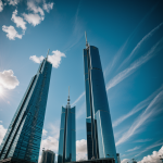 A breathtaking view of alien towers piercing through majestic clouds, showcasing surreal architectural beauty and mystery.