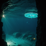 A glowing alien underwater city with vibrant marine life and mysterious structures beneath the ocean's surface.