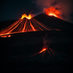 An alien volcano with glowing lava illuminating the sky, showcasing the dramatic and otherworldly landscape.