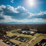 A mystical ancient alien city suspended in the sky, showcasing advanced architecture and otherworldly beauty, shrouded in clouds.