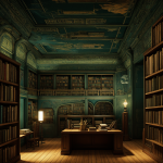 An imaginative depiction of an ancient alien library, featuring mysterious artifacts and historical elements, creating a captivating wallpaper design.