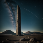 A mysterious ancient alien monolith floating in the depths of space, surrounded by stars, hinting at extraterrestrial origins and cosmic secrets.