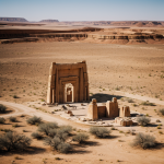 A mysterious ancient alien monument standing tall in the desert landscape, surrounded by sand and showcasing intricate carvings that hint at extraterrestrial origins.