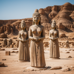 A breathtaking view of ancient alien statues standing tall in a vast desert landscape, hinting at mysterious origins and untold stories waiting to be discovered.