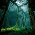 A breathtaking view of ancient ruins overgrown with glowing vines, showcasing the mystical blend of history and nature.