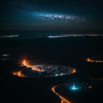 A stunning view of an asteroid city glowing under a star-filled night sky, showcasing a unique blend of celestial and urban beauty.