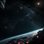 A vast asteroid field with scattered wrecked ships, showcasing the mysterious cosmic landscape and the remnants of ancient spacefaring vessels.