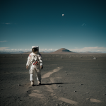 An astronaut walking on a mysterious alien world, surrounded by unique extraterrestrial landscapes under a starry sky, depicting space exploration adventure.