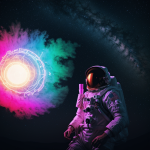 An astronaut floating in a mesmerizing neon-lit space, showcasing the vibrant colors and cosmic beauty of the universe in an awe-inspiring scene.