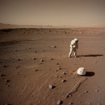 An astronaut in a space suit triumphantly planting a flag on the rocky Martian surface, symbolizing human exploration and achievement on Mars.