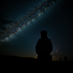 Silhouette of an astronaut standing against the backdrop of the Milky Way galaxy, showcasing the vastness and beauty of space.