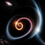 A stunning depiction of two binary black holes merging, showcasing the cosmic ballet and gravitational forces at play in this celestial event.