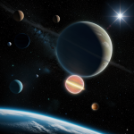 A breathtaking view of a binary star system with a planet orbiting around the two stars, showcasing the dynamics of stellar and planetary formations.